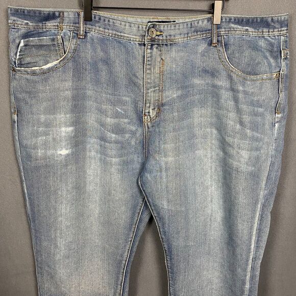 Royal Blue Jeans Mens 48X28 Relaxed Fit Blue Denim Light Wash Distressed - Picture 3 of 13